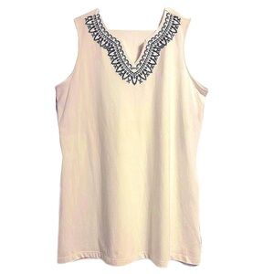 New Gorgeous White Sleeveless Top Blue Embroidery XL V-neck Layering Office Wear